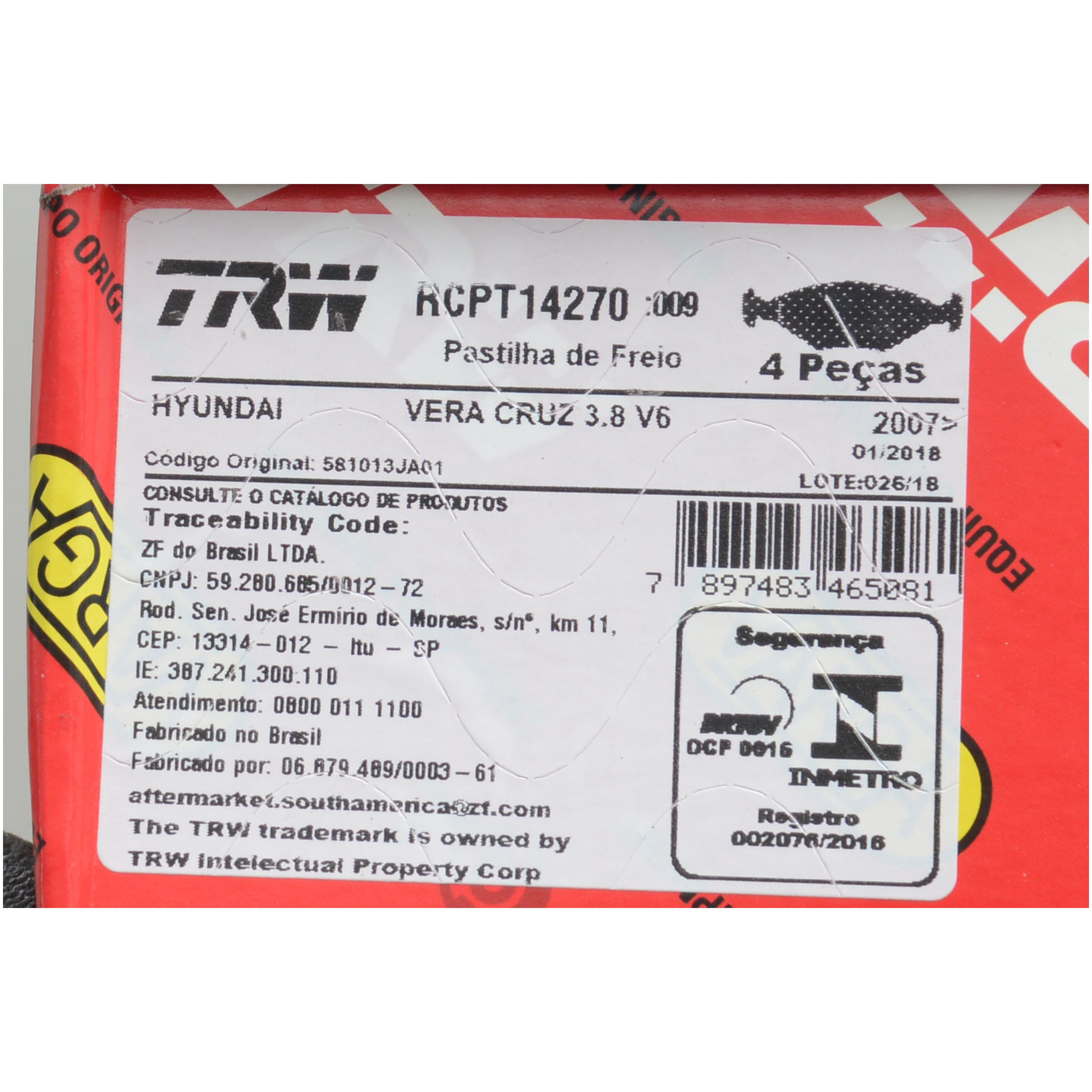 Pastilha de Freio para Hyundai Veracruz - TRW - RCPT14270