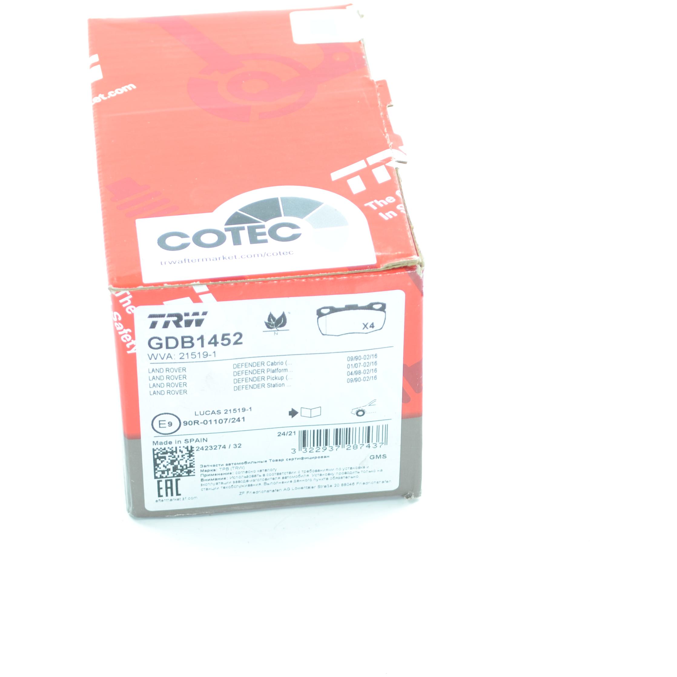 Pastilhas Freio Dianteira Antirruído Cotec para Land Rover Defender - TRW - GDB1452
