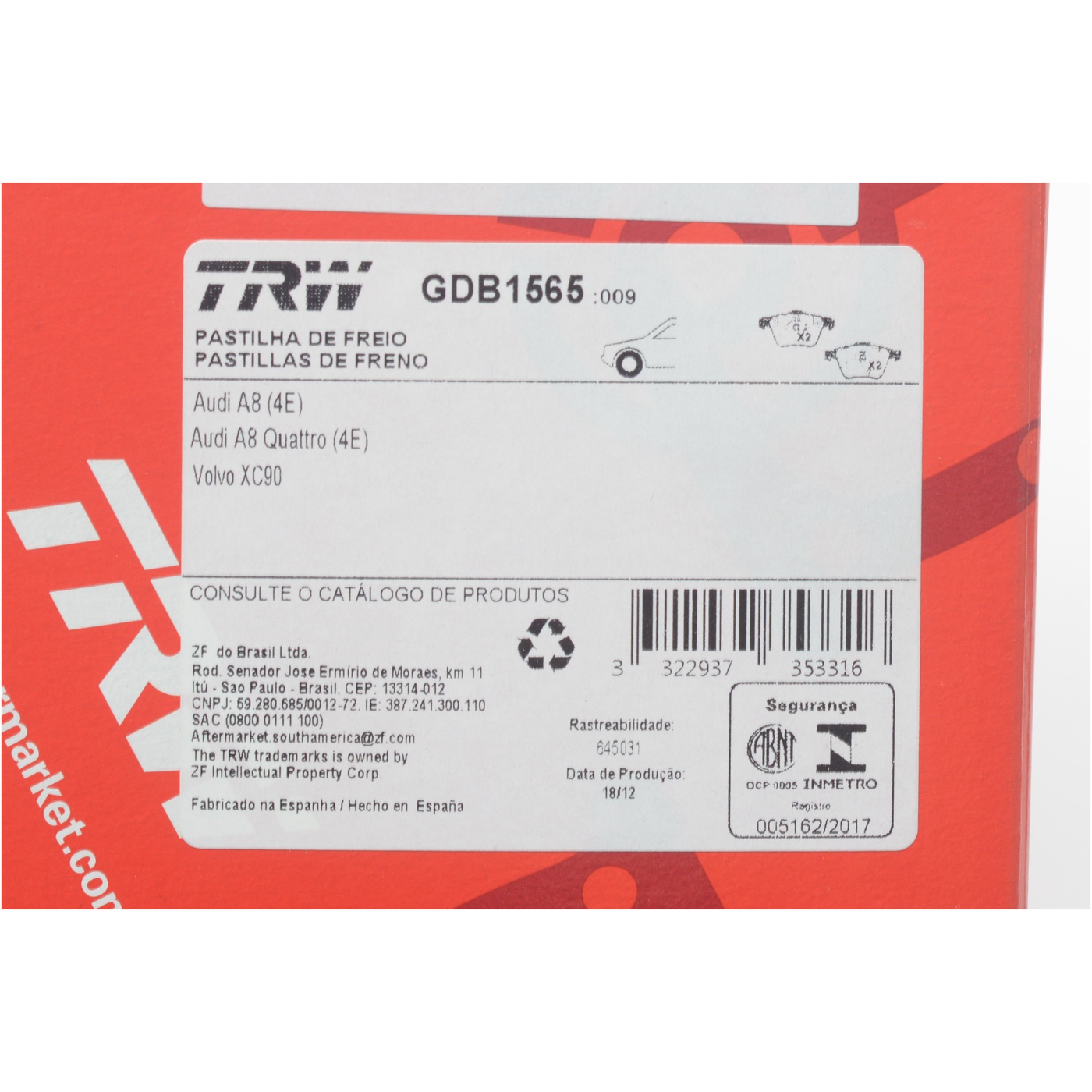 Pastilhas Freio Dianteira Antirruído Cotec para Volvo XC90 - TRW - GDB1565