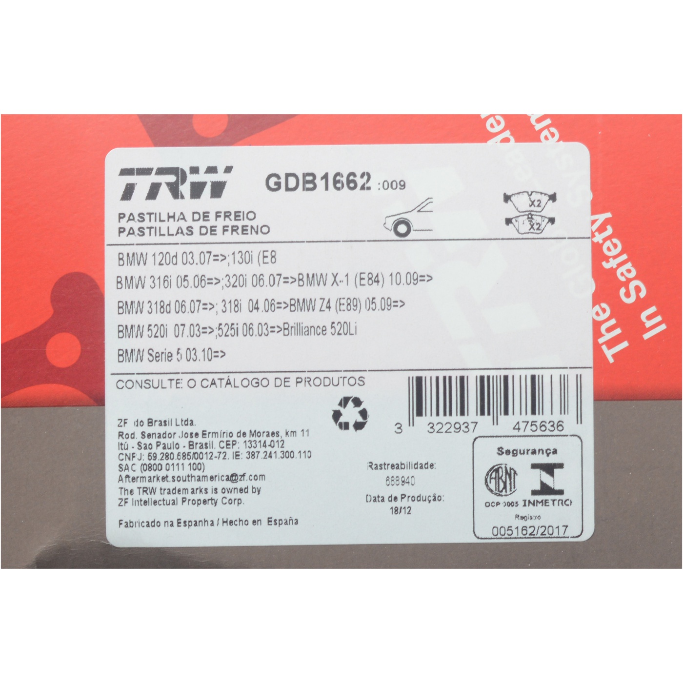 Pastilhas Freio Dianteira Antirruído Cotec para BMW 120i e 130i - TRW - GDB1662