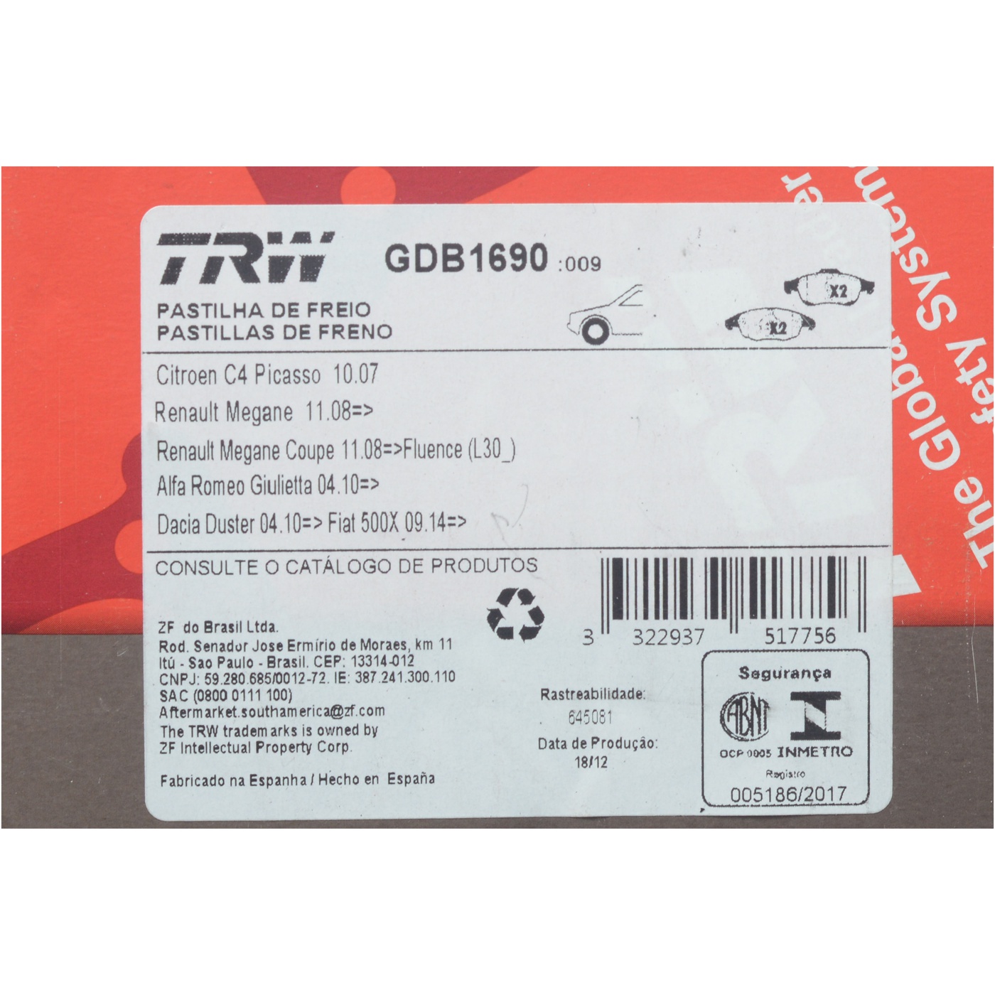 Pastilhas Freio Dianteira Antirruído Cotec para Citroen Berlingo e Peugeot Partner - TRW - GDB1690