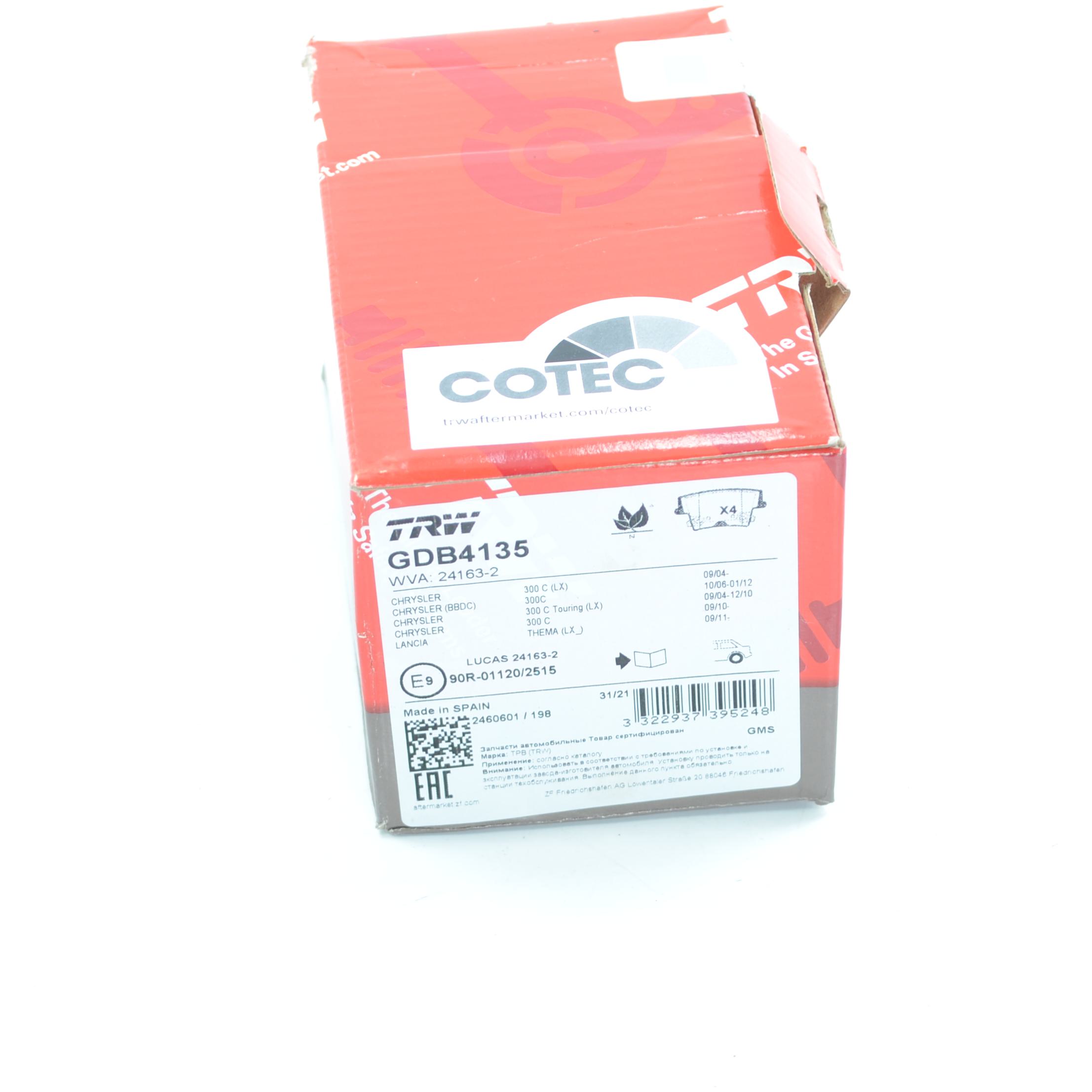 Pastilhas Freio Traseira Antirruído Cotec para Chrysler 300C e 300C Touring - TRW - GDB4135